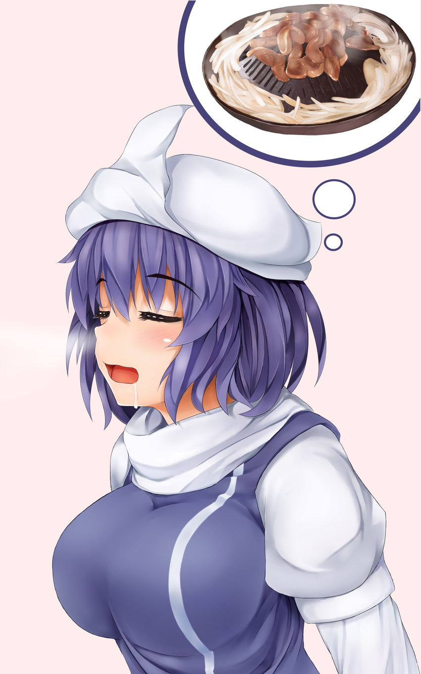 absurdres blue_hair blush breasts closed_eyes drooling food grill hat highres hungry imagining jingisukan_(food) large_breasts letty_whiterock long_sleeves meat nikonikosiro onion open_mouth saliva scarf short_hair solo touhou vest white_scarf