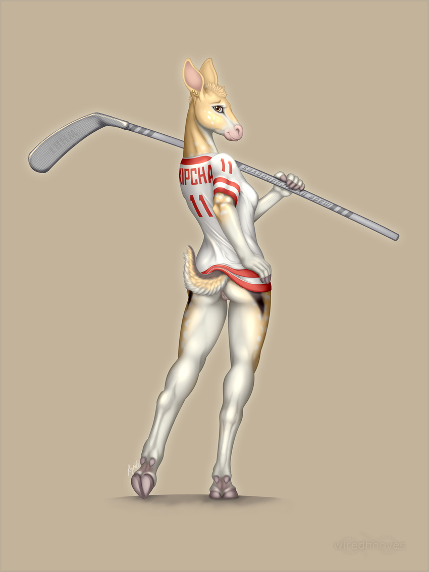 amber_eyes anthro barefoot blonde_hair bottomless breasts butt cervine clothing ear_piercing female fur grey_background hair hand_on_hip hi_res hockey_stick hooves looking_at_viewer looking_back mammal multicolor_fur paws piercing pink_nose plain_background pose pussy seductive shirt short_hair side_boob simple_background small_breasts small_tail solo sports standing two_tone_fur white_fur wiredhooves yellow_fur