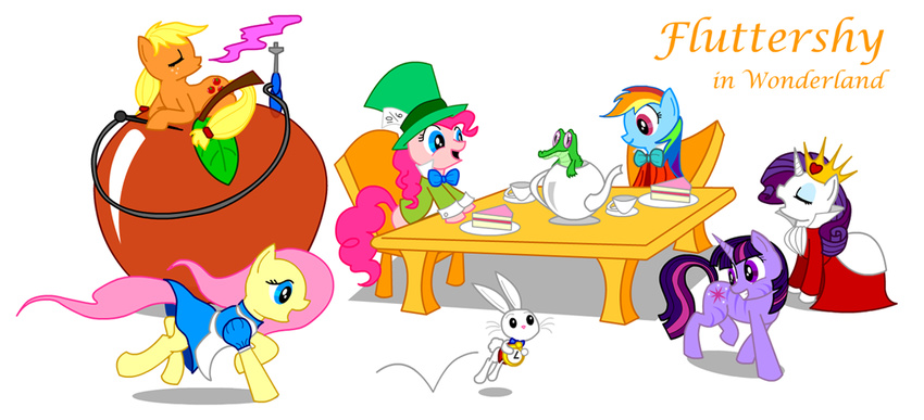 alice_in_wonderland alligator angel_(mlp) apple applejack_(mlp) blonde_hair blue_eyes blue_fur cake crossover crown cutie_mark dress english_text equine female feral fluttershy_(mlp) food friendship_is_magic fruit fur group gummy_(mlp) hair hat horn horse lagomorph mad_hatter mammal montecreations multi-colored_hair my_little_pony opium orange_fur parody pet pink_fur pink_hair pinkie_pie_(mlp) plain_background pony purple_eyes purple_fur purple_hair rabbit rainbow_dash_(mlp) rainbow_hair rarity_(mlp) reptile scalie table teapot text top_hat twilight_sparkle_(mlp) two_tone_hair unicorn watch white_background white_fur white_rabbit yellow_fur