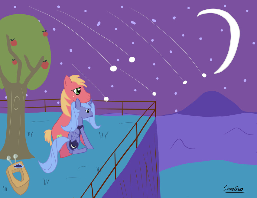 absurd_res apple big_macintosh_(mlp) blonde_hair blue_eyes blue_fur blue_hair couple cuddling cutie_mark duo equine female feral friendship_is_magic fruit fur green_eyes hair harness hi_res horn horse male mammal meteor_shower moon my_little_pony night outside pony princess_luna_(mlp) red_fur shooting_star silentecho stars tree winged_unicorn wings wood