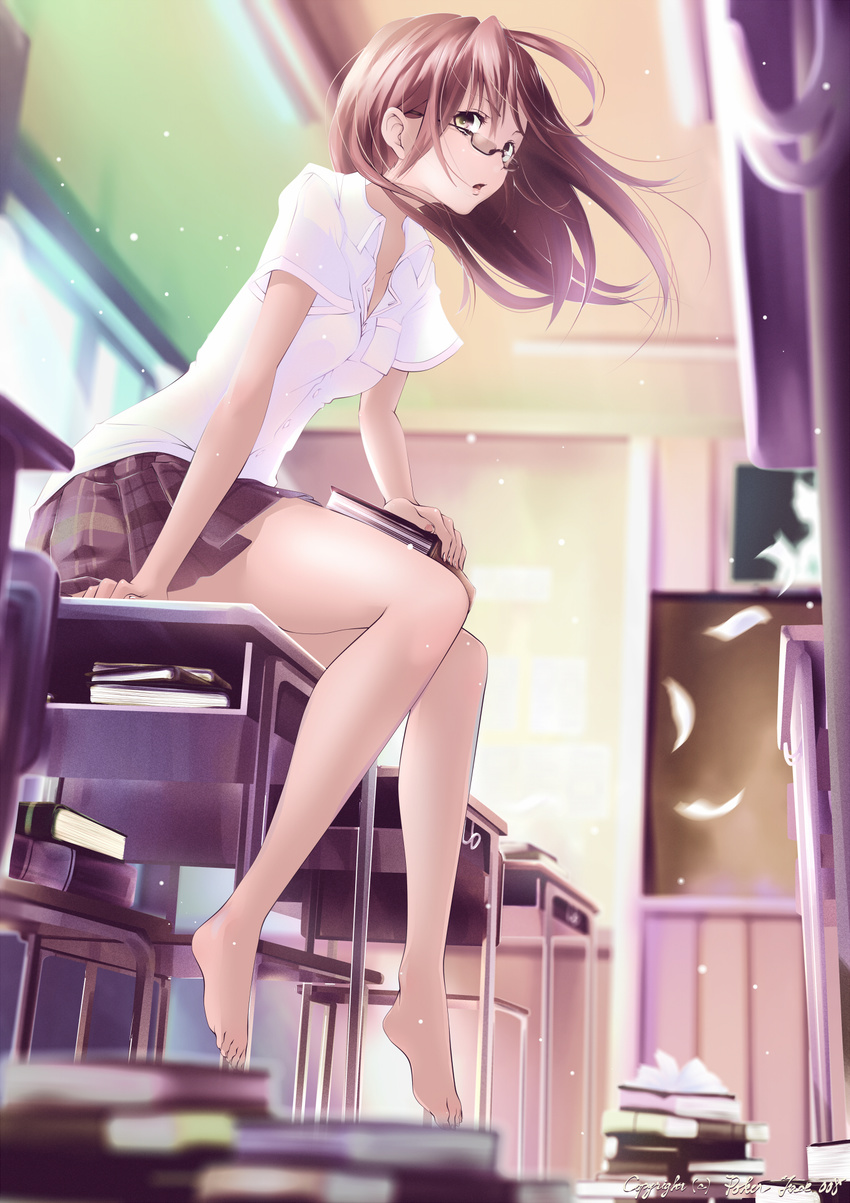 bare_legs barefoot blurry book brown_eyes brown_hair classroom depth_of_field desk dress_shirt glasses highres indoors legs long_hair on_desk original poker-face-008 school_desk school_uniform semi-rimless_eyewear shirt sitting sitting_on_desk skirt solo under-rim_eyewear