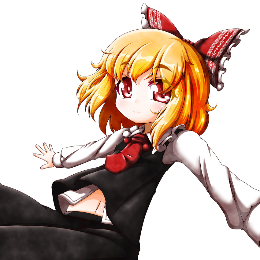 absurdres ascot blonde_hair bow hair_bow highres long_sleeves marker_(medium) midriff navel outstretched_arms red_eyes roco_(katsuya1011) rumia shirt simple_background skirt smile solo touhou traditional_media vest white_background