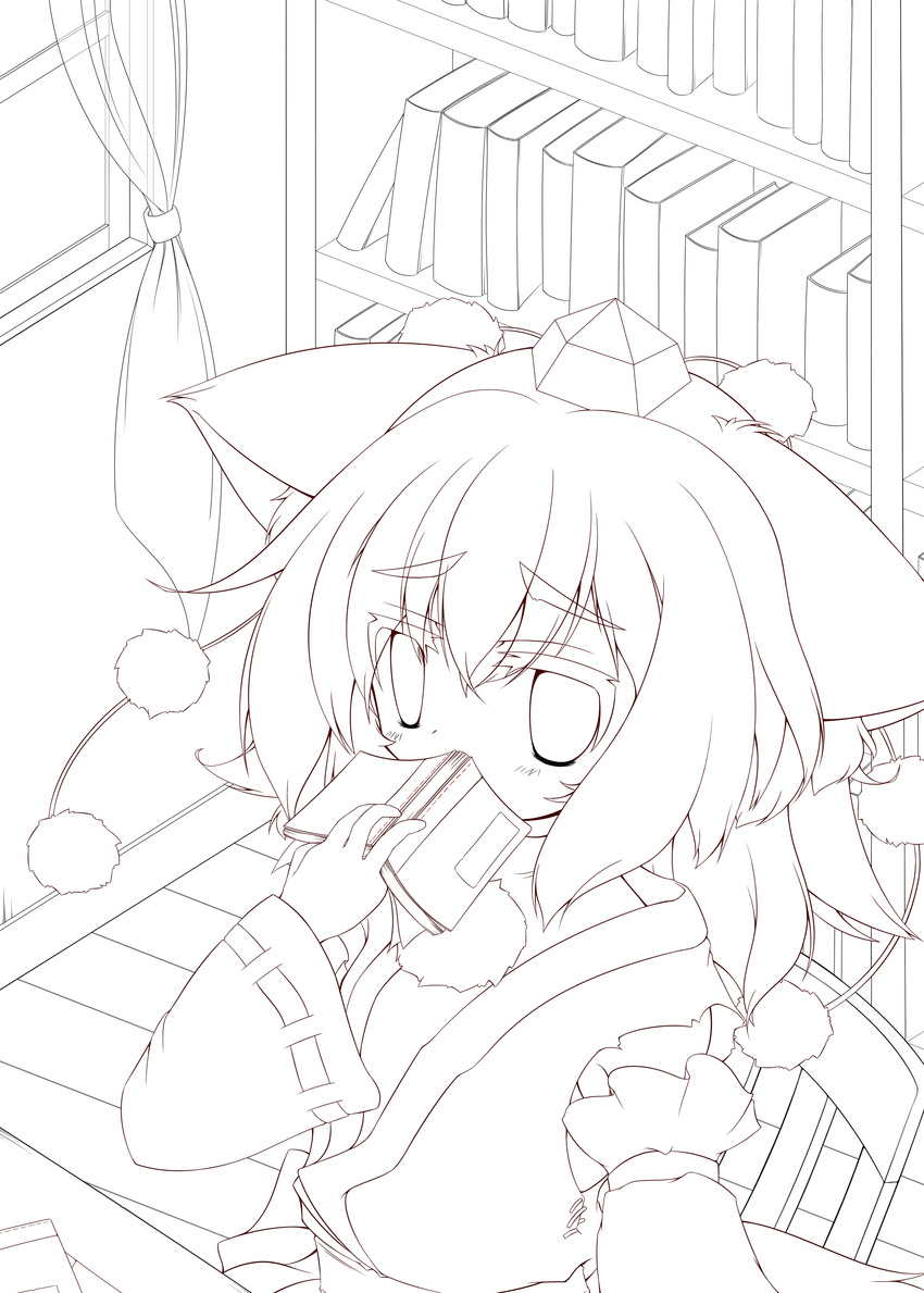 absurdres animal_ears book bookshelf chair covering_mouth detached_sleeves eyebrows hat highres inubashiri_momiji lineart monochrome sakurano_asahi short_hair solo squiggle tokin_hat touhou window wolf_ears