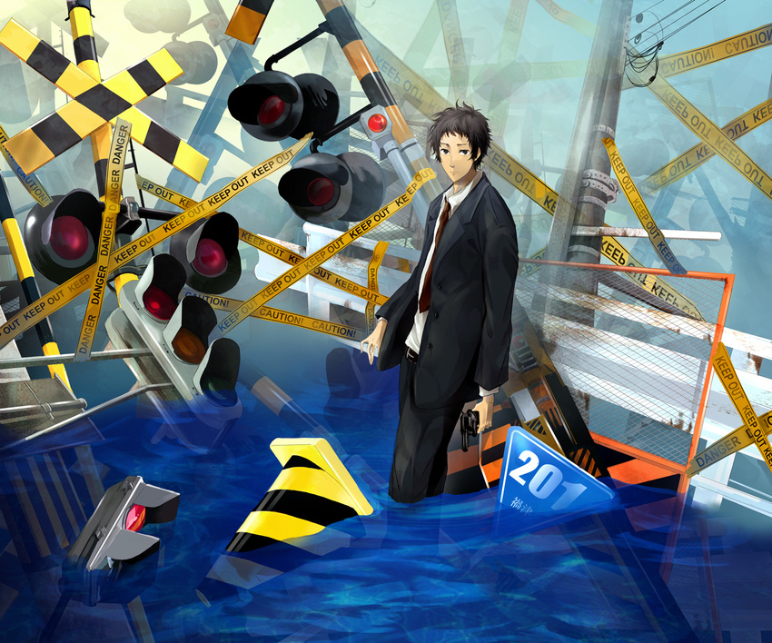 adachi_tooru bad_id bad_pixiv_id caution_tape gun handgun highres keep_out male_focus necktie persona persona_4 railroad_crossing revolver solo toki-o traffic_cone traffic_light water weapon