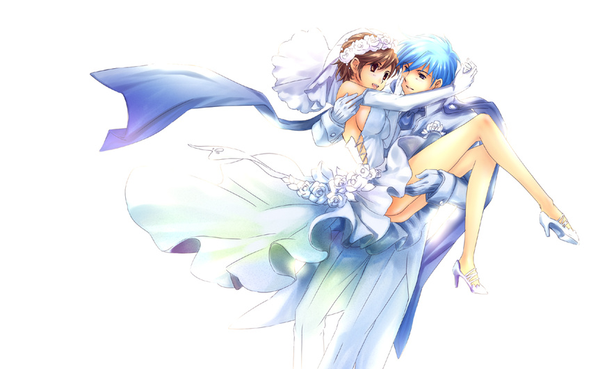 1girl blue_eyes blue_hair blue_scarf breasts bride brown_eyes brown_hair carrying detached_sleeves dress elbow_gloves gloves high_heels kaito kawagoe_pochi large_breasts meiko midriff princess_carry scarf shoes sideboob smile vocaloid wedding_dress