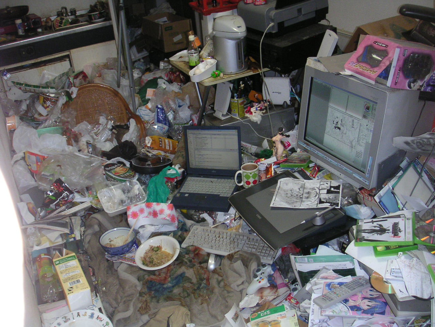 bowl computer copyright_request drawing_tablet food food_request indoors keyboard_(computer) laptop merchandise messy monitor no_humans otaku_room photo source_request