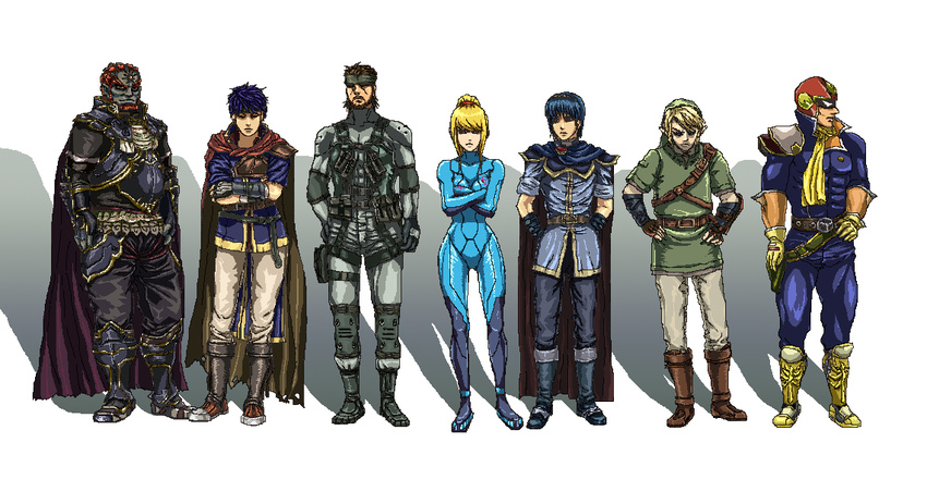 6+boys armor artist_request beard blonde_hair blue_hair bodysuit brown_hair cape captain_falcon f-zero facial_hair fire_emblem fire_emblem:_monshou_no_nazo fire_emblem:_souen_no_kiseki ganondorf ghost_in_the_shell ghost_in_the_shell_lineup ghost_in_the_shell_stand_alone_complex gloves headband helmet ike lineup link marth metal_gear_(series) metal_gear_solid metroid multiple_boys odd_one_out parody pointy_ears red_hair samus_aran scarf solid_snake super_smash_bros. the_legend_of_zelda the_legend_of_zelda:_twilight_princess zero_suit