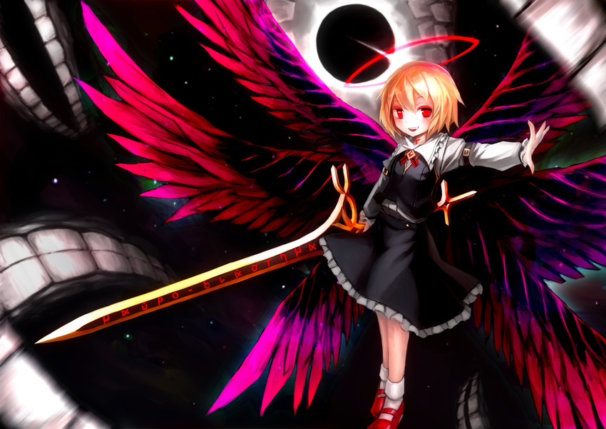 bad_id bad_pixiv_id blonde_hair blush darkness ex-rumia open_mouth outstretched_arm red_eyes ribbon rumia short_hair skirt smile solo spark621 sword touhou weapon wings