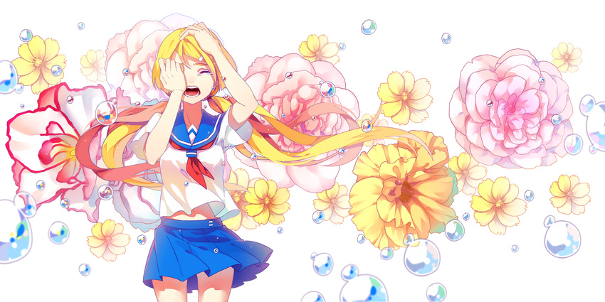 absurdres bad_id bad_pixiv_id blonde_hair closed_eyes flower hands_on_own_face highres long_hair open_mouth original school_uniform serafuku skirt solo sougishi_ego tears twintails very_long_hair
