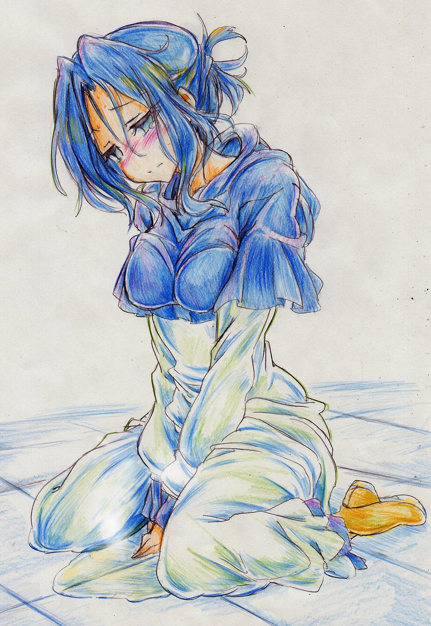 absurdres blue_eyes blue_hair boots breasts capelet crying crying_with_eyes_open dress highres hood kumoi_ichirin medium_breasts nichibotsu_(kitaziman) pee peeing peeing_self short_hair sitting solo tears touhou traditional_media wariza