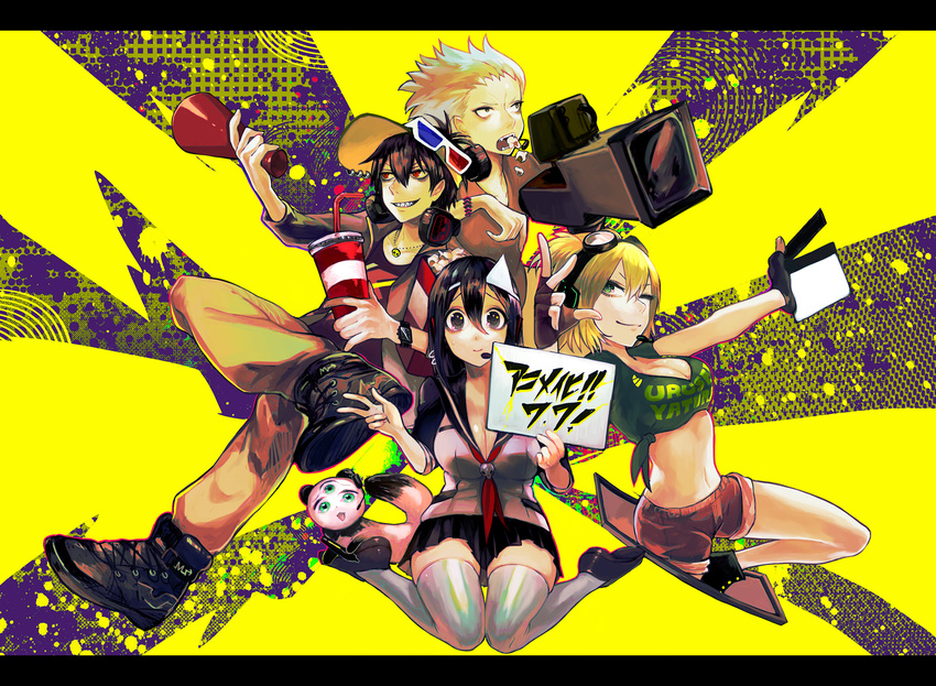 2girls 3d_glasses bad_id bad_pixiv_id bel_hydra black_eyes black_hair blonde_hair blood_lad breasts cleavage colorful czc_(deko) fingerless_gloves food gloves goggles goggles_on_head green_eyes grin letterboxed mamejiro medium_breasts megaphone midriff miniskirt movie_camera multiple_boys multiple_girls one_eye_closed popcorn red_eyes school_uniform shorts sitting skirt smile thighhighs triangular_headpiece visor_cap vlad_charlie_staz wariza white_legwear wolf_(blood_lad) yanagi_fuyumi