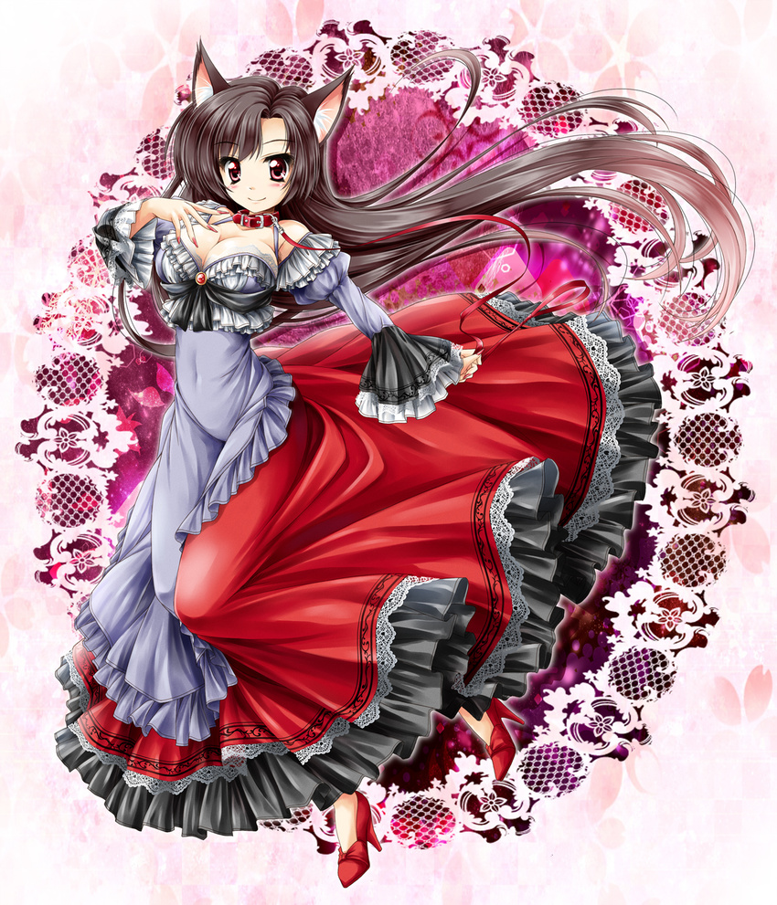 animal_ears blush breasts brooch brown_hair cleavage collar covered_navel dress embellished_costume fingernails frills full_body high_heels highres imaizumi_kagerou jewelry kamiya_tomoe large_breasts leash long_fingernails long_hair long_sleeves looking_at_viewer pink_eyes red_eyes red_footwear shirt shoes skirt smile solo tail touhou very_long_hair wide_sleeves wolf_ears wolf_tail