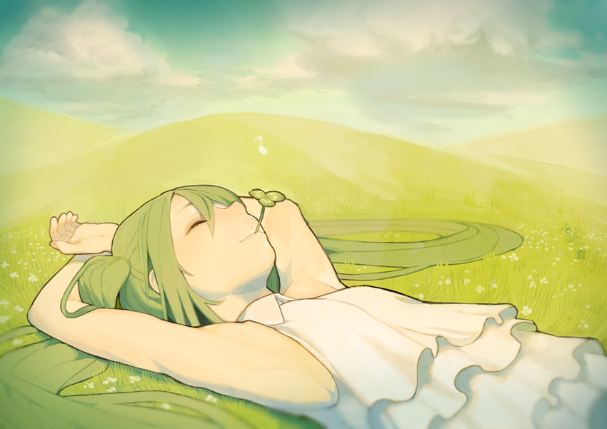 armpits arms_up closed_eyes cloud clover day grass green_hair hatsune_miku long_hair lying misoni_comi mouth_hold musical_note on_back solo vocaloid