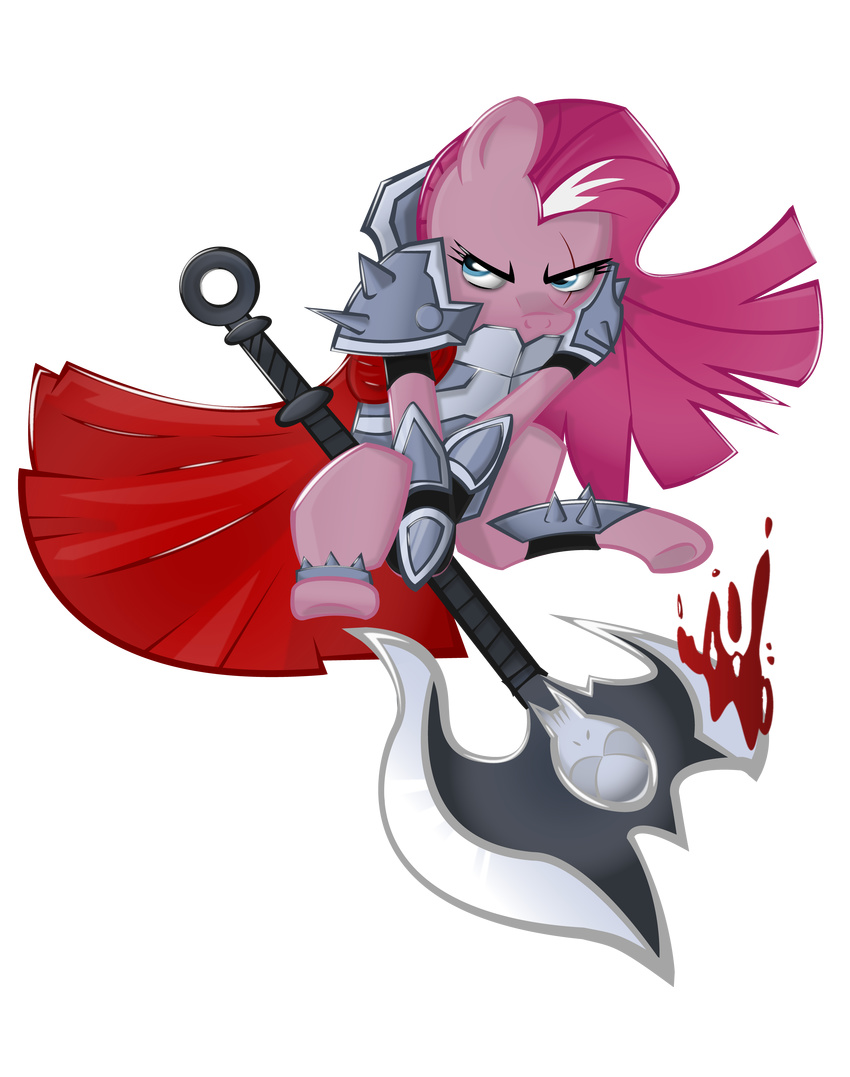 absurd_res alpha_channel armor axe blood blue_eyes cape clothing equine female feral frenchytoastyy friendship_is_magic fur hair hi_res horse league_of_legends long_hair looking_back mammal my_little_pony pink_fur pink_hair pinkamena_(mlp) pinkie_pie_(mlp) plain_background pony scar solo spikes transparent_background warrior weapon