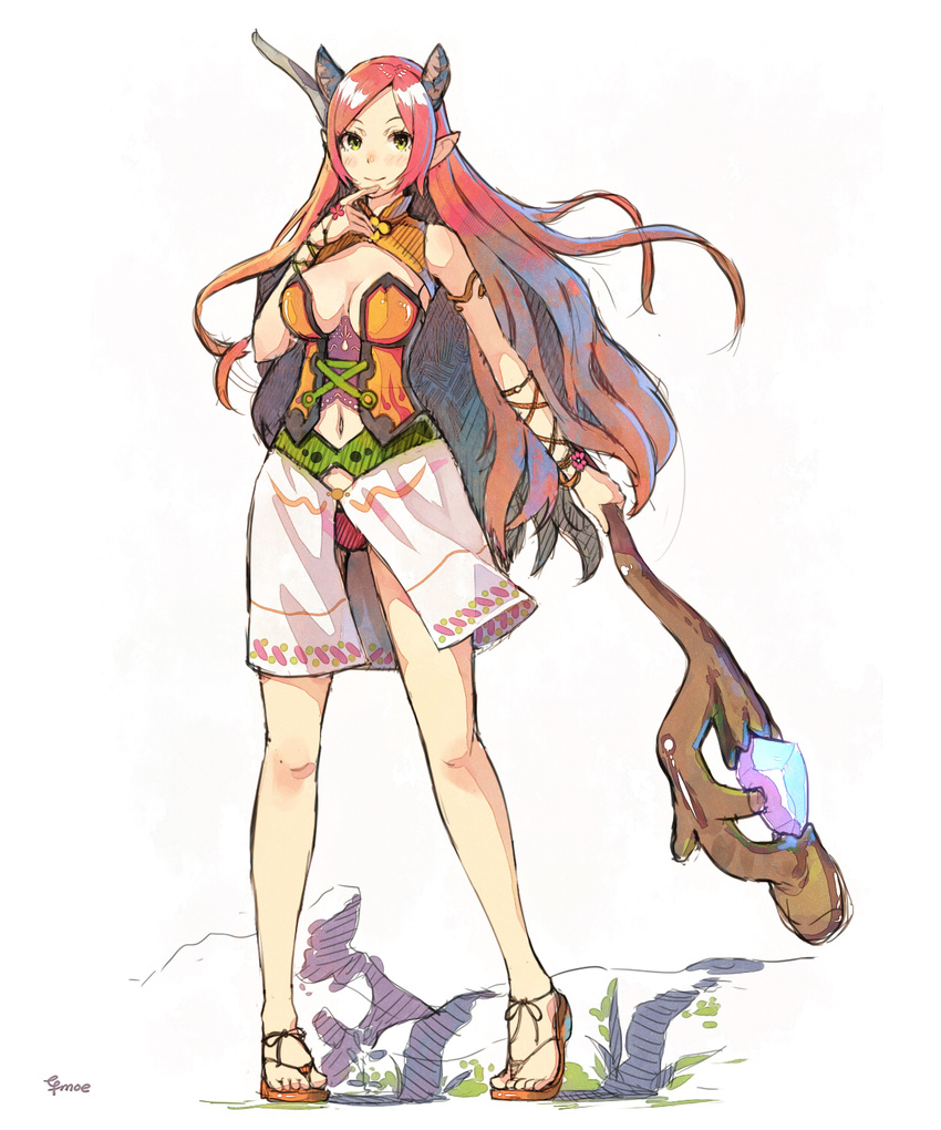 blush breasts cleavage efmoe elf highres horns long_hair looking_at_viewer medium_breasts original pointy_ears red_hair sandals skirt solo staff wand