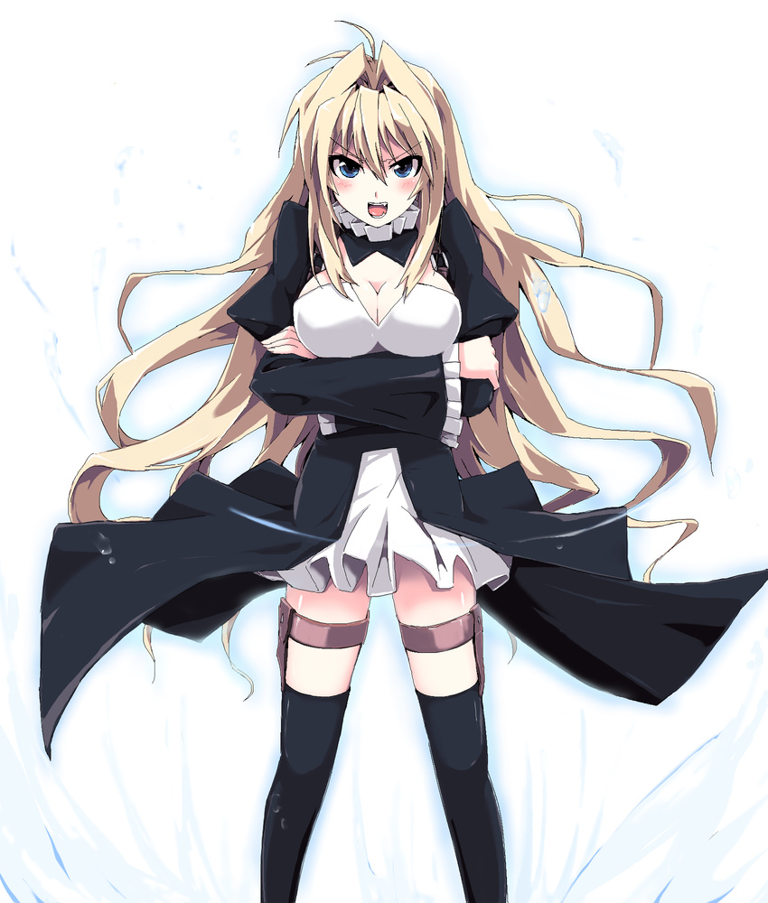 angry blonde_hair blue_eyes blush breasts cleavage crossed_arms fang grune highres kneehighs large_breasts legs long_hair looking_at_viewer open_mouth sekirei solo thigh_strap thighhighs tsukiumi very_long_hair