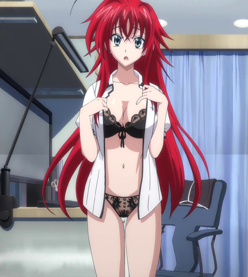 1girl bra breasts high_school_dxd large_breasts long_hair open_mouth panties red_hair rias_gremory screencap solo standing underwear undressing