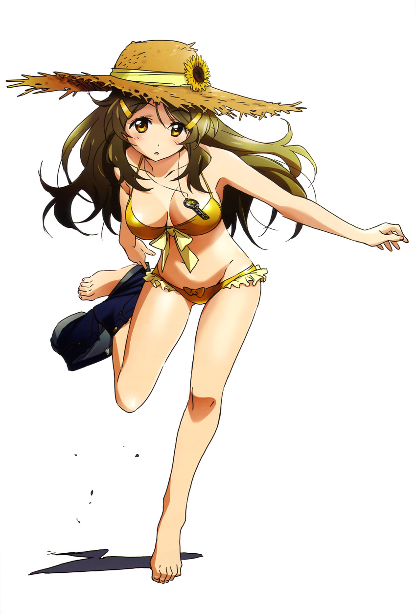 absurdres artist_request bare_shoulders barefoot bikini breasts brown_hair cleavage denim denim_shorts flower full_body hair_ornament hairclip hat highres jewelry key leg_lift long_hair medium_breasts navel necklace official_art open_fly open_mouth pants_around_one_leg pendant scan shinomiya_himawari short_shorts shorts shorts_around_one_leg simple_background solo straw_hat sun_hat sunflower swimsuit undressing unzipped vividred_operation white_background yellow_bikini yellow_eyes