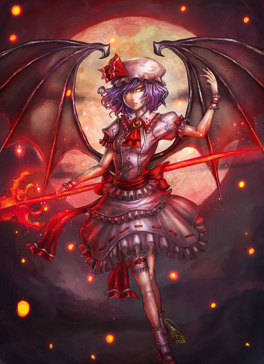 bat_wings blue_hair dress full_body hat hat_ribbon highres looking_at_viewer mob_cap moon pink_dress puffy_short_sleeves puffy_sleeves red_eyes red_moon red_ribbon remilia_scarlet ribbon short_hair short_sleeves solo spear_the_gungnir standing touhou vampire wings zamboze