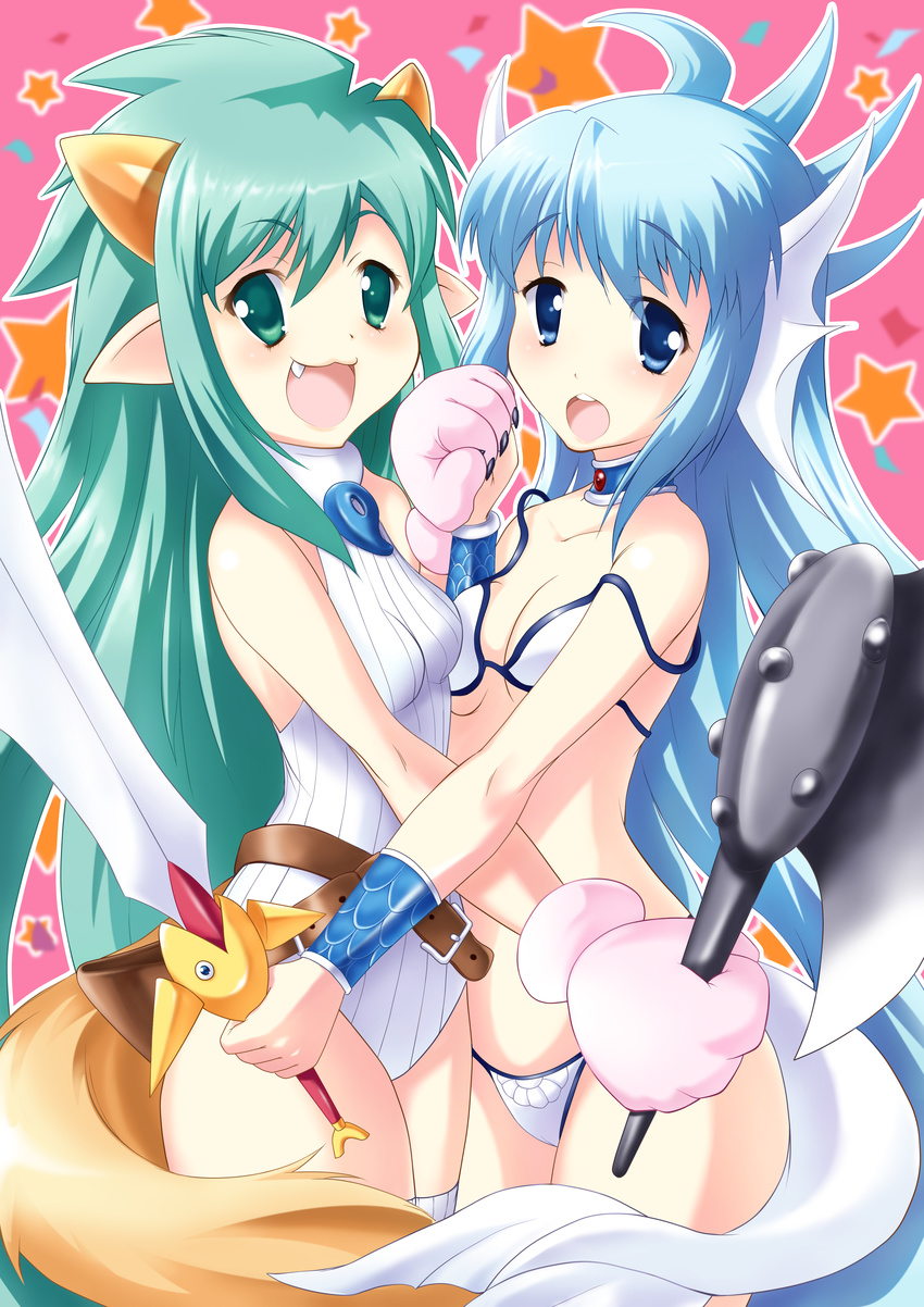 absurdres axe blue_eyes blue_hair breasts fang galzoo_island green_eyes green_hair highres horn long_hair medium_breasts mro2 multiple_girls open_mouth swimsuit sword tail umi_no_sachi_(alicesoft) very_long_hair weapon yama_no_sachi