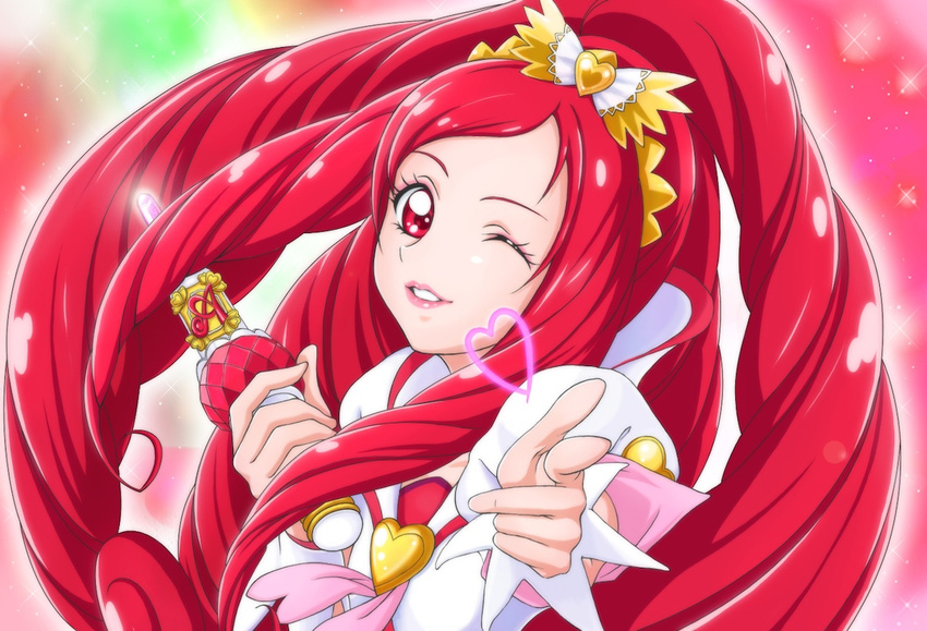 bow brooch chocokin cure_ace dokidoki!_precure hair_bow heart jewelry lipstick long_hair madoka_aguri magical_girl makeup one_eye_closed pointing precure red_eyes red_hair smile solo
