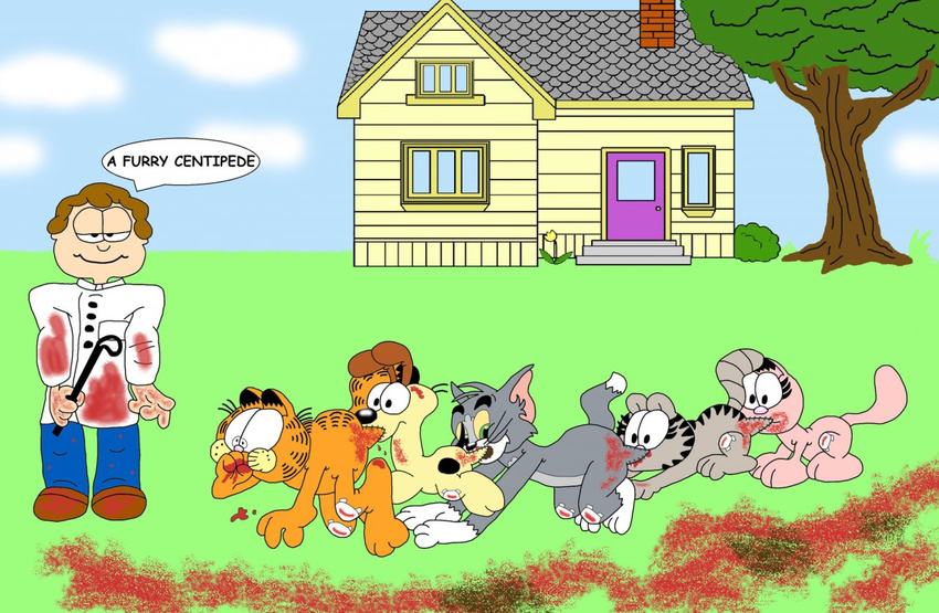 black_eyes blood brown_hair canine cat clothing dog f&aelig;ces feces feline garfield garfield_(series) garfield_cat gore group hair human jon_arbuckle looking_at_viewer male mammal ms_paint nermal odie raised_tail scat smile tom tom_(tom_&amp;_jerry) tom_and_jerry what
