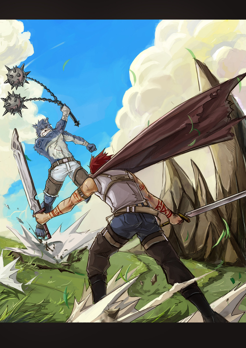 anthro blue_fur boots canine cape chaps cloud clouds duo fight fur grass hair human iron_ball jumping mammal red_hair roger13 sandals scar sword tattoo topless weapon wolf