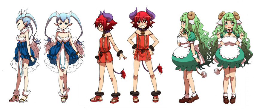 3girls child demon_girl green_hair highres horn loli monster_girl multiple_girls red_hair sandals toes yanagida_fumita yanagida_shita