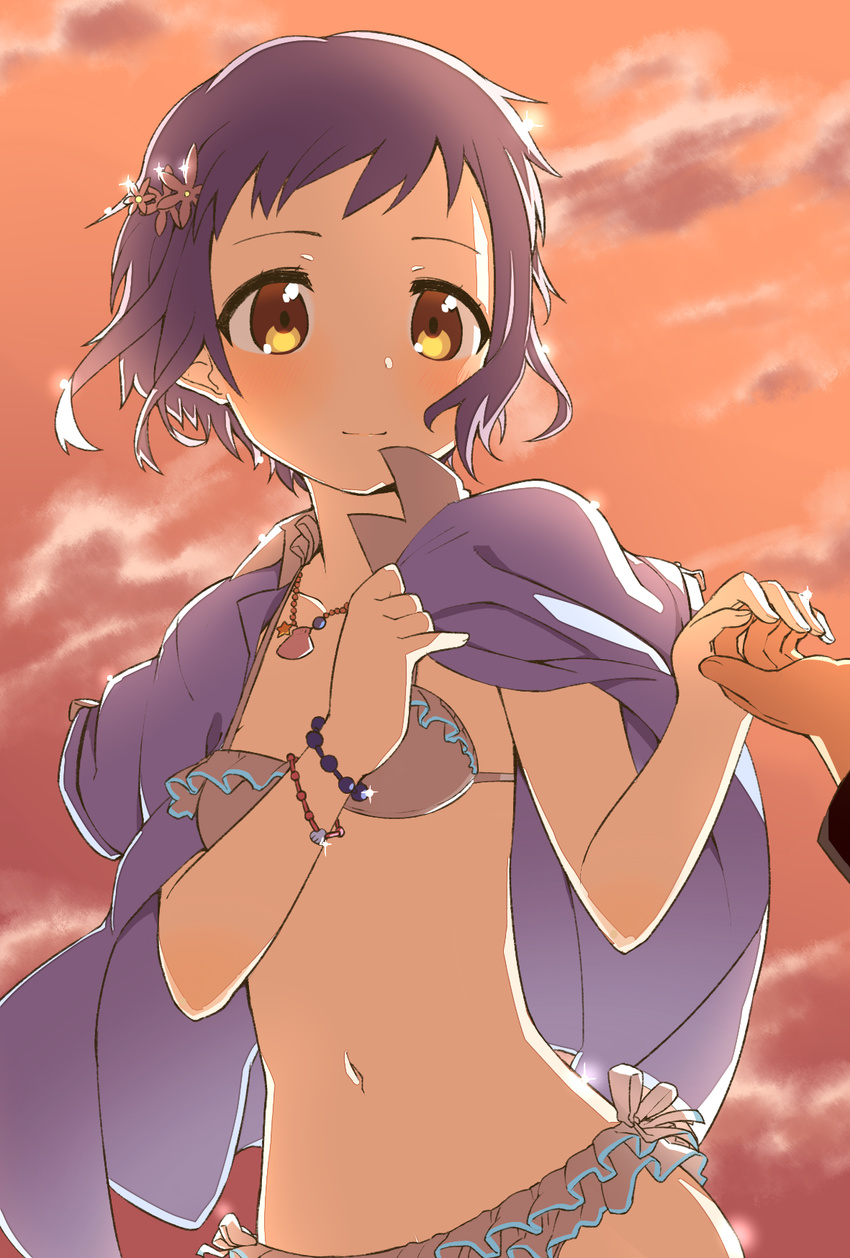 bikini blush evening highres holding_hands idolmaster idolmaster_million_live! jewelry makabe_mizuki muku_(muku-coffee) necklace out_of_frame purple_hair short_hair sky smile solo_focus swimsuit yellow_eyes