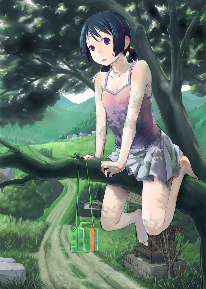 :o bare_shoulders barefoot black_eyes black_hair grass hidari_kagetora highres in_tree landscape open_mouth original path road short_hair short_twintails shrine sitting sitting_in_tree solo tree tree_shade twintails