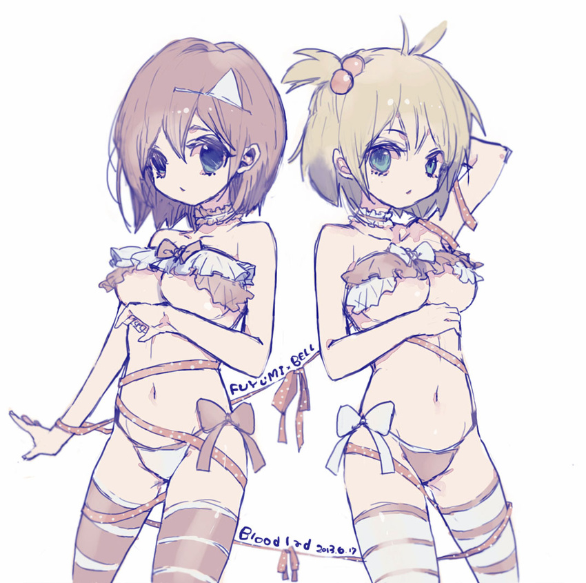 369-chan arm_behind_head bad_id bad_pixiv_id bdsm bel_hydra blonde_hair blood_lad bondage bound bound_together bow breasts brown_hair character_name collar copyright_name dated large_breasts looking_at_viewer multiple_girls navel panties ribbon ribbon_bondage short_hair side-tie_panties sketch thighhighs triangular_headpiece underboob underwear white_background yanagi_fuyumi