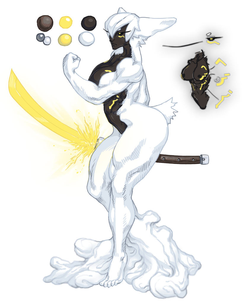 2013 anthro basca breasts female helioture lightning markings model_sheet muscles muscular_female nude plain_background solo sword weapon white_background