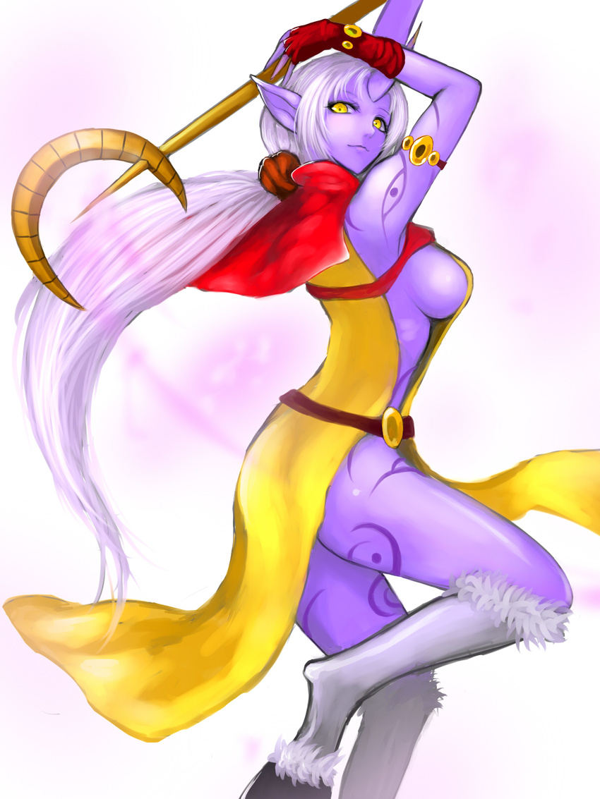 armlet arms_up breasts capelet dress fingerless_gloves gloves highres hooves horn kumiko_shiba large_breasts league_of_legends long_hair pointy_ears ponytail purple_skin side_slit sideboob solo soraka staff tattoo very_long_hair white_hair yellow_dress yellow_eyes