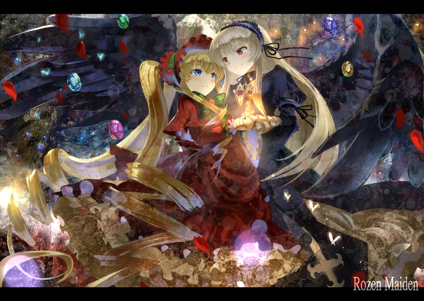 blonde_hair blue_eyes bonnet drill_hair gothic_lolita hairband holding_hands letterboxed lolita_fashion lolita_hairband long_hair multiple_girls red_eyes rozen_maiden shinku silver_hair suigintou twintails ultimate_asuka very_long_hair wings