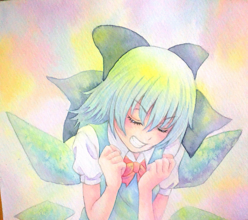 blue_hair bow cirno closed_eyes highres ice ice_wings solo touhou traditional_media watercolor_(medium) wings yuyu_(00365676)