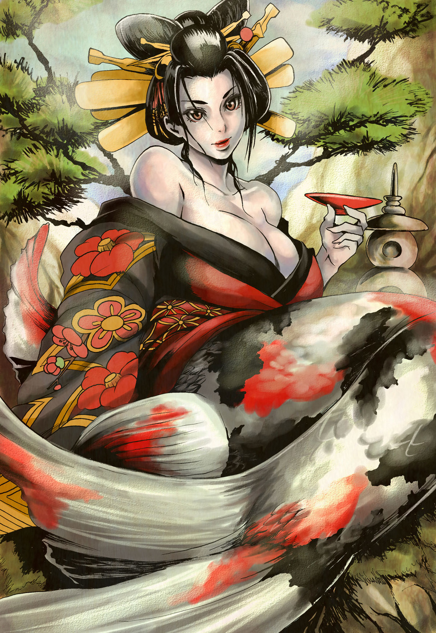 black_hair breasts character_request copyright_request cup geisha highres japanese_clothes kimono koi large_breasts mermaid monster_girl off_shoulder sakazuki shibusun smile solo