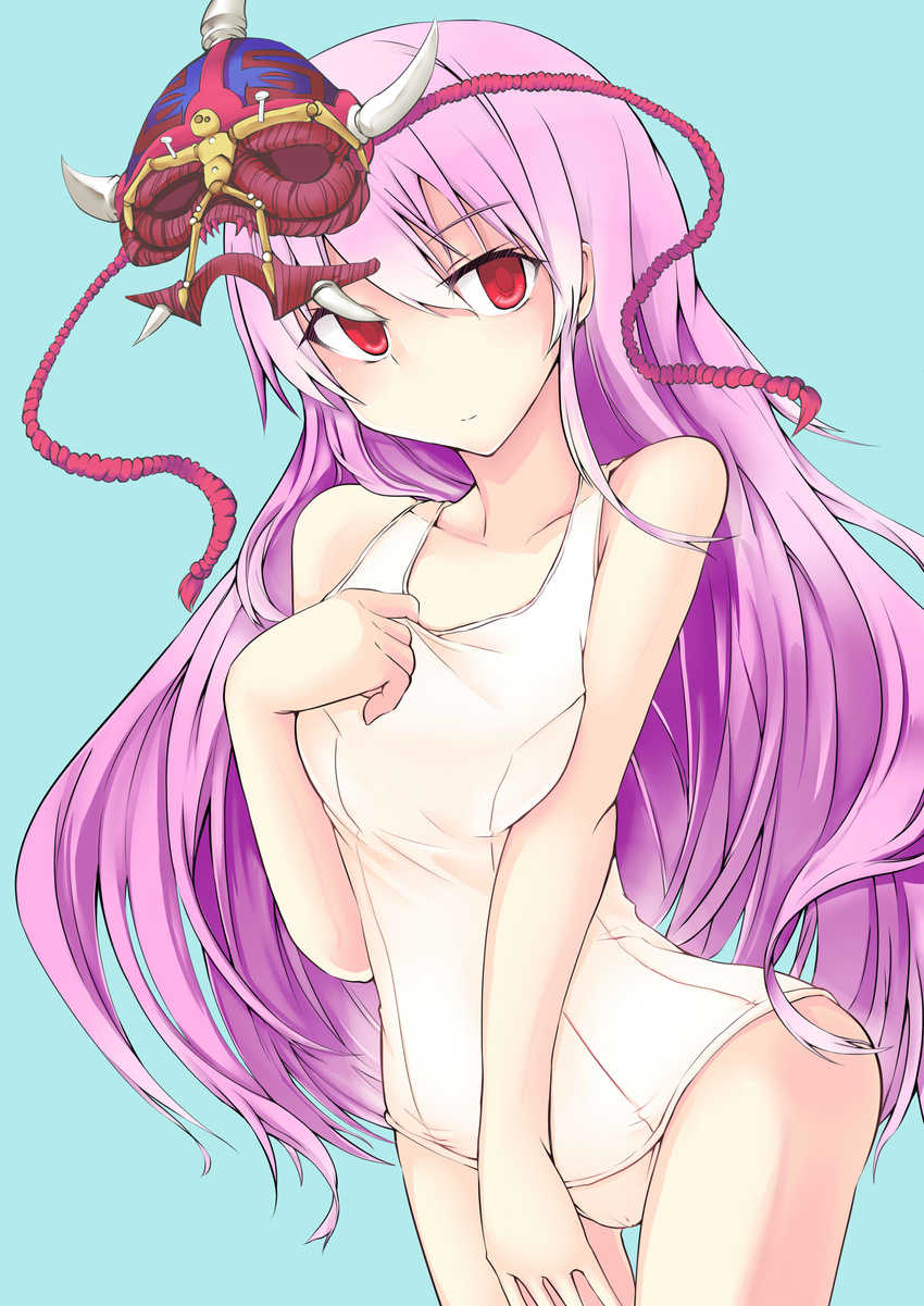 absurdres blue_background breasts duel_monster hata_no_kokoro highres ku-ba long_hair mask mask_of_weakness medium_breasts one-piece_swimsuit pink_hair school_swimsuit smile solo swimsuit touhou very_long_hair voodoo_doll white_school_swimsuit white_swimsuit yuu-gi-ou