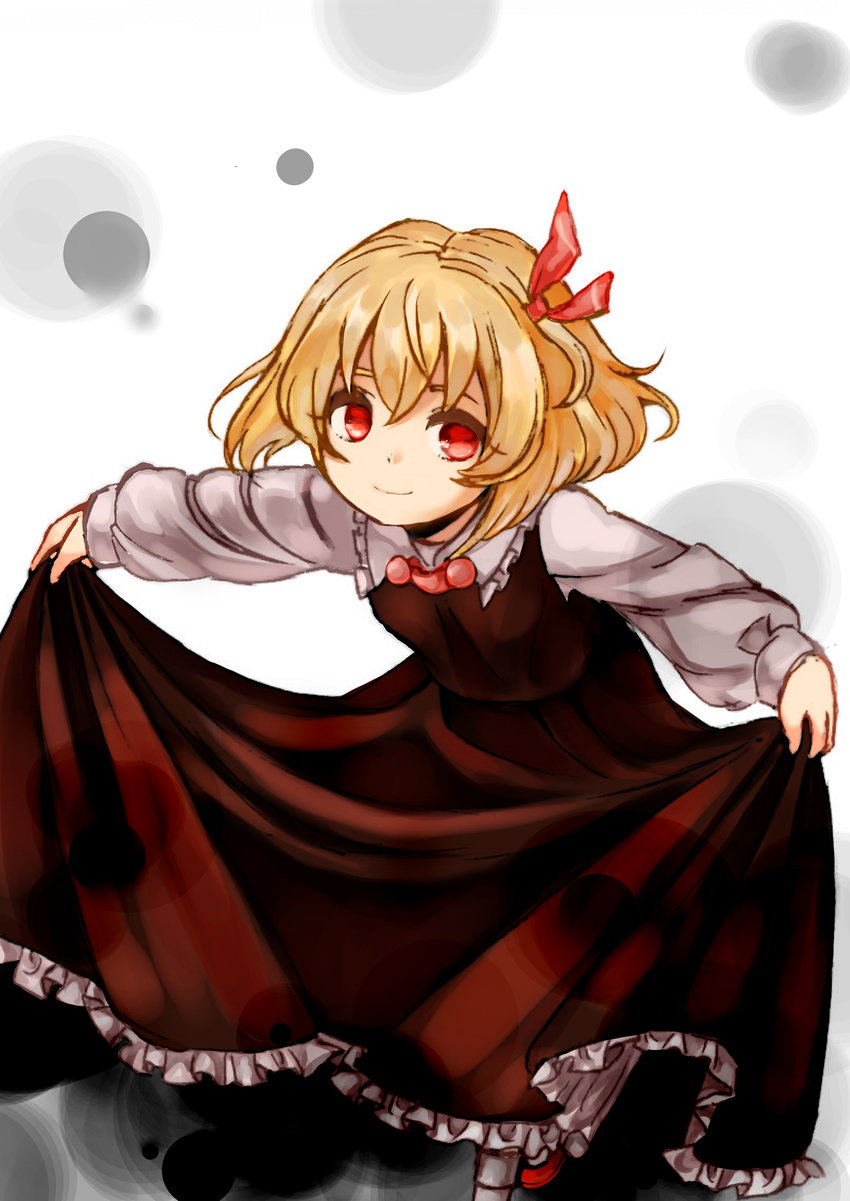 absurdres bad_id bad_pixiv_id blonde_hair curtsey dress frilled_dress frills hair_ribbon highres looking_at_viewer red_eyes red_footwear ribbon rumia shoes short_hair simple_background skirt_hold smile solo touhou white_background yuubari_makuwa