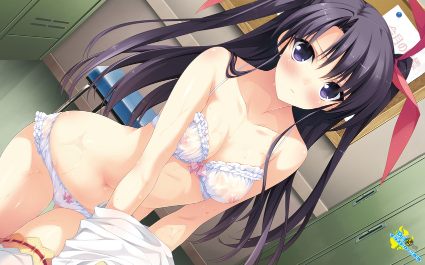 berry's blush bow bow_panties bra breasts chalkboard cleavage collarbone dutch_angle frilled_bra frilled_panties frills frown highres indoors locker locker_room long_hair looking_at_viewer medium_breasts morikubo_yuna navel nipples panties paper purple_eyes purple_hair see-through suzuhira_hiro tareme thigh_gap two_side_up underwear underwear_only undressing very_long_hair wet wet_bra wet_clothes wet_panties white_panties