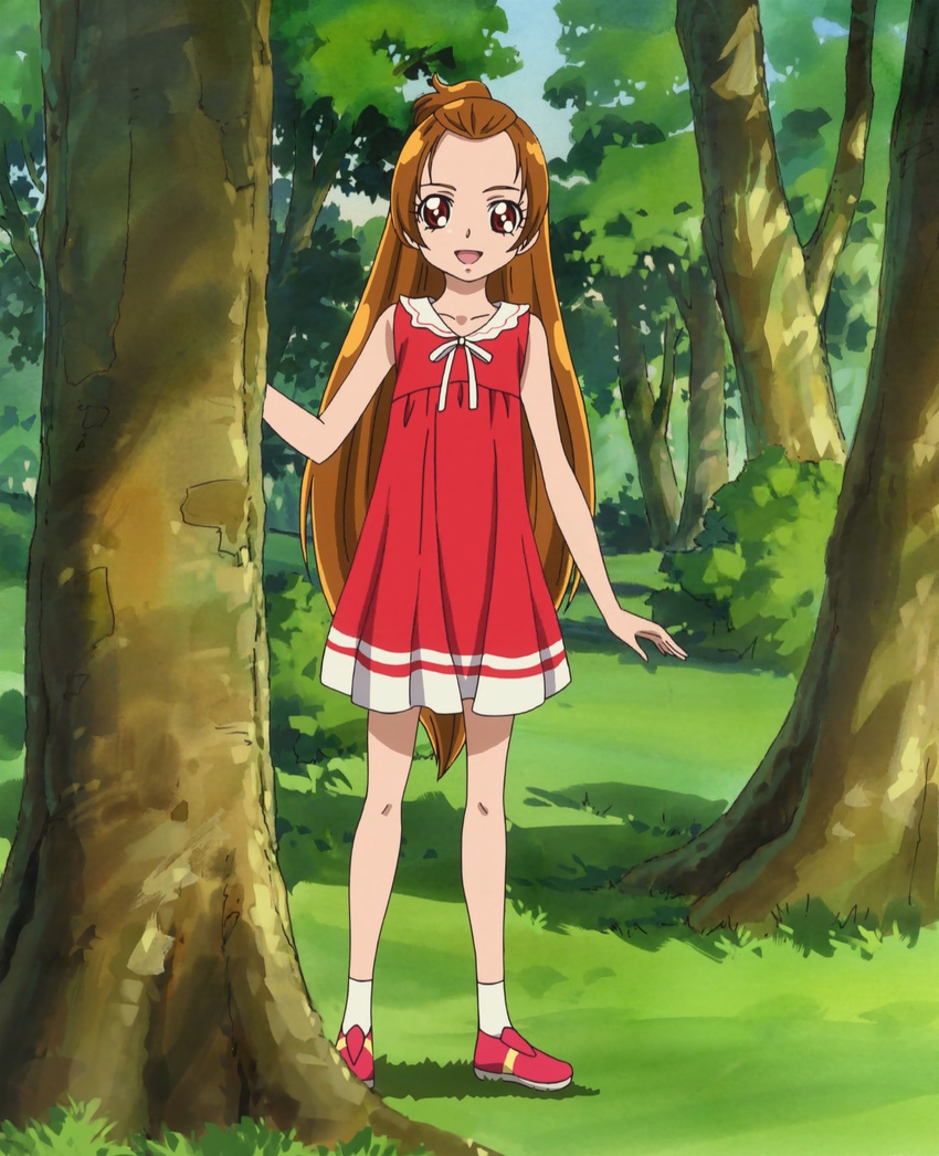 brown_eyes brown_hair dokidoki!_precure dress half_updo highres long_hair madoka_aguri precure red_dress screencap shoes skirt smile tree