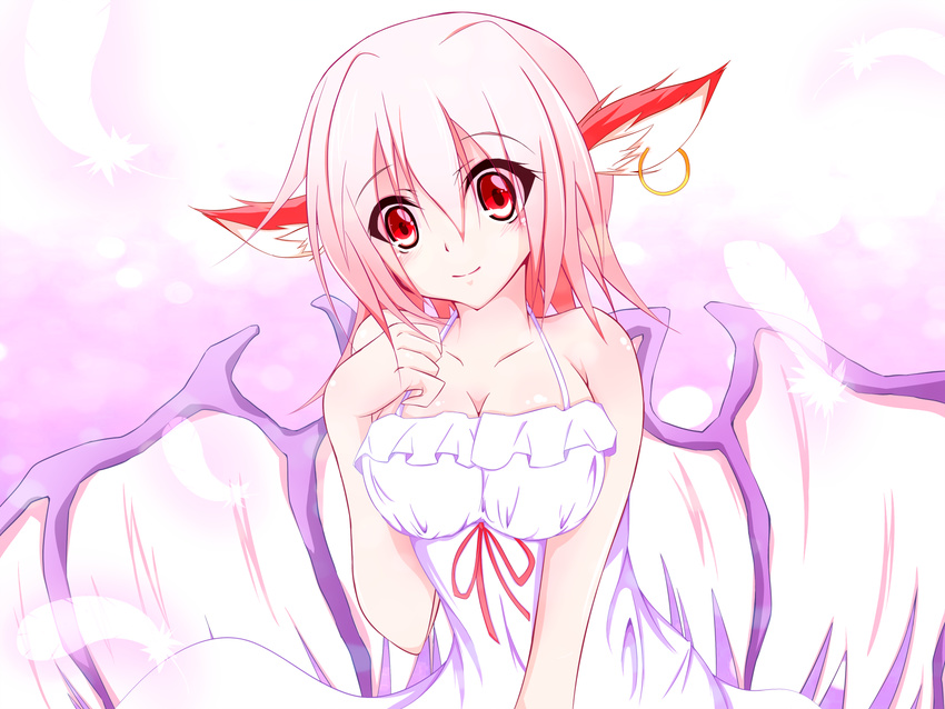 animal_ears asn_s bad_id bad_pixiv_id bare_shoulders blush breast_squeeze breasts cleavage collarbone dress earrings eyebrows_visible_through_hair feathers halterneck highres hoop_earrings jewelry looking_at_viewer medium_breasts mystia_lorelei no_hat no_headwear pink_hair red_eyes red_ribbon rei_no_himo ribbon short_hair sleeveless sleeveless_dress smile solo touhou upper_body white_dress wings