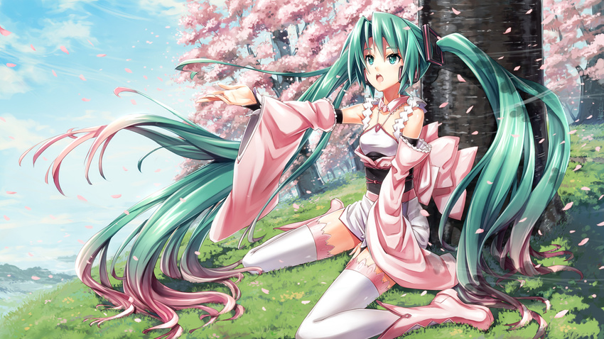 boots cherry_blossoms detached_sleeves gabiran grass green_eyes green_hair hatsune_miku long_hair obi open_mouth outstretched_arm pink_hair sash sitting skirt solo thighhighs tree twintails very_long_hair vocaloid wariza