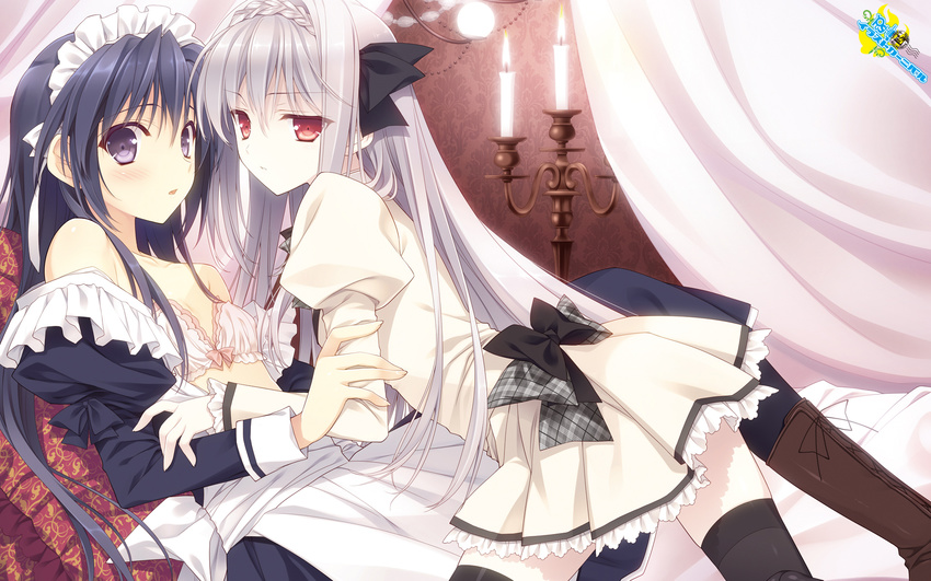 1girl black_bow black_legwear blue_hair blush bow bra candelabra curtains dress grey_hair highres indoors kokura_asahi looking_at_viewer maid maid_headdress open_clothes open_dress otoko_no_ko pink_bra puffy_short_sleeves puffy_sleeves purple_eyes red_eyes sakurakouji_luna school_uniform short_sleeves suzuhira_hiro tareme thighhighs tsuki_ni_yorisou_otome_no_sahou tsurime underwear white_dress