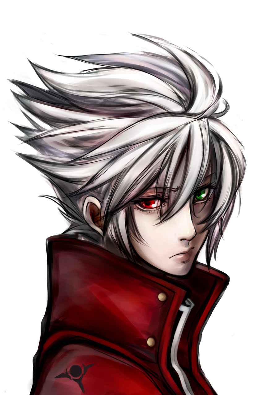 absurdres blazblue early_type face green_eyes heterochromia high_collar highres male_focus ragna_the_bloodedge red_eyes silver_hair solo spiked_hair upper_body