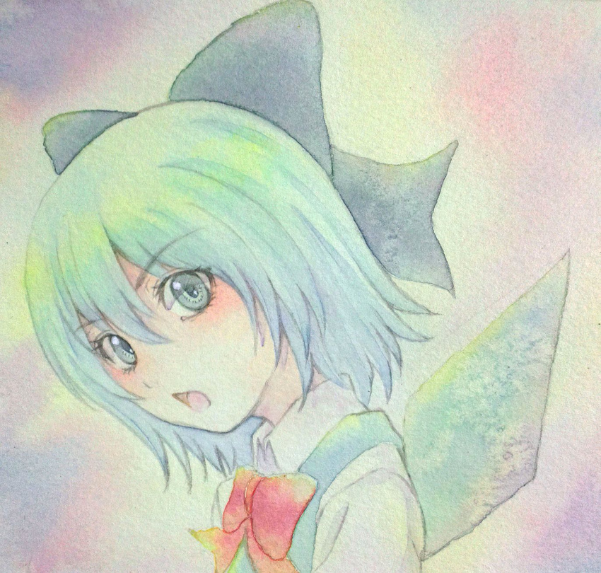 blue_eyes blue_hair bow cirno highres ice ice_wings solo touhou traditional_media watercolor_(medium) wings yuyu_(00365676)