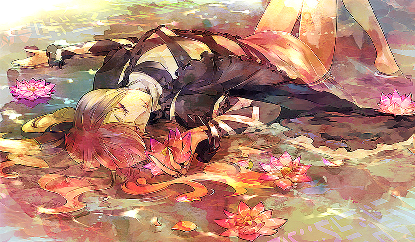 arm_garter bare_legs blonde_hair breasts cape closed_eyes cross-laced_clothes eyelashes flower gradient_hair hand_up hijiri_byakuren holding holding_flower in_water juliet_sleeves long_hair long_sleeves lotus lying medium_breasts moriko32 multicolored_hair on_back petals puffy_sleeves purple_hair skirt solo sorcerer's_sutra_scroll touhou