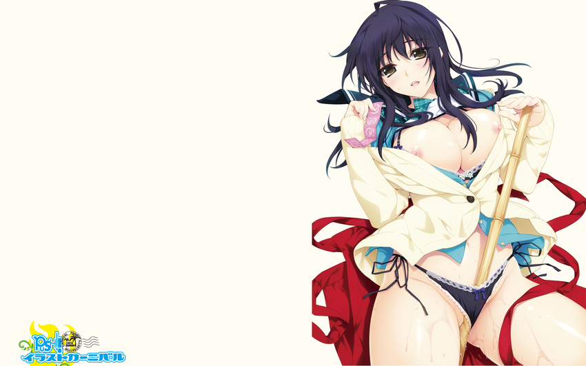 2013 ahoge black_bra black_hair black_panties blush bow bow_panties bra bra_pull breasts brown_eyes cleavage condom_wrapper hakama highres holding iizuki_tasuku izumi_wakoto japanese_clothes large_breasts long_hair lovely_x_cation_2 nipple_slip nipples open_mouth panties pussy_juice side-tie_panties simple_background solo unbuttoned underwear wallpaper white_background