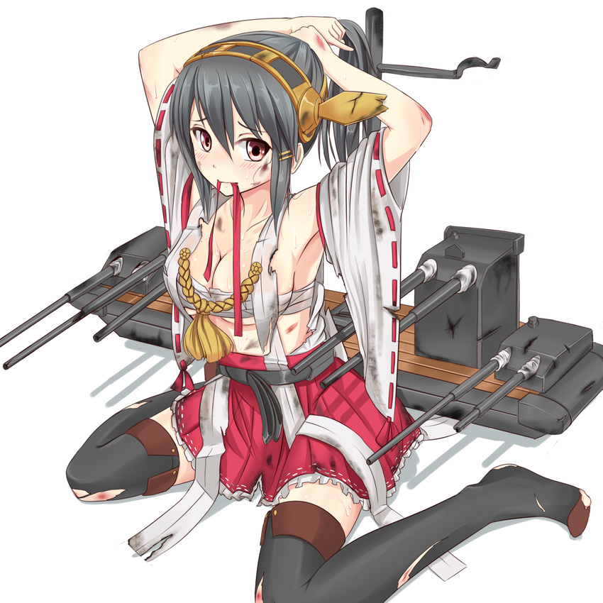 absurdres adjusting_hair armpits bare_shoulders black_hair black_legwear blood blood_stain blush breasts cannon detached_sleeves haruna_(kantai_collection) hawe_king highres japanese_clothes kantai_collection long_hair looking_at_viewer medium_breasts mouth_hold red_eyes sarashi sitting skirt solo sweatdrop thighhighs torn_clothes wariza