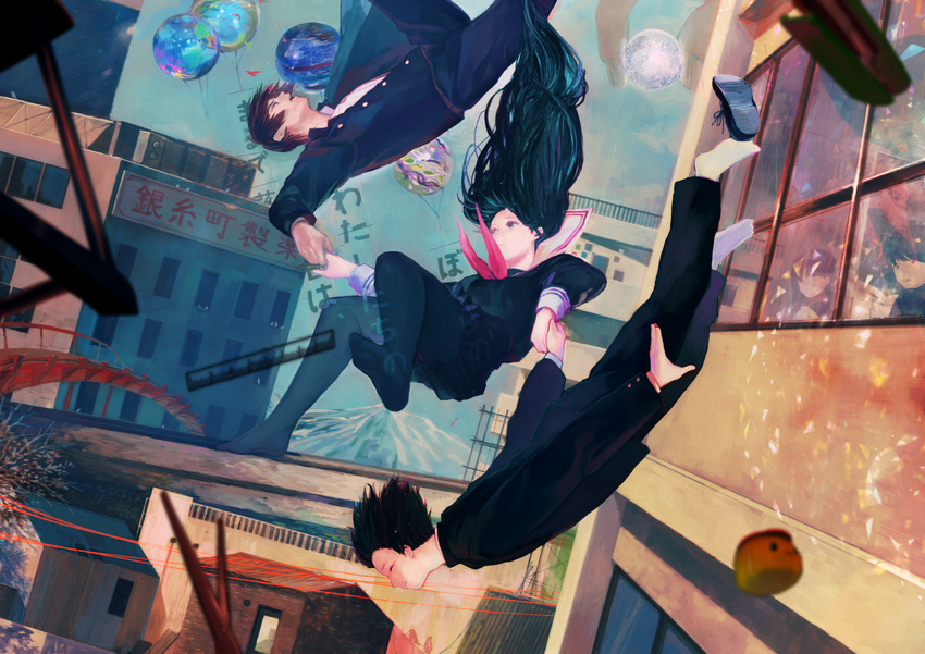 3boys bad_id bad_pixiv_id ball balloon black_hair black_jacket black_legwear black_pants black_serafuku black_shirt black_skirt building classroom closed_eyes doll dutch_angle falling gakuran glass highres holding_hands house jacket long_hair long_sleeves looking_at_another looking_out_window motion_blur mountain multiple_boys multiple_girls no_shoes open_clothes open_jacket open_mouth original outdoors outstretched_arms pants pantyhose pointing railroad_signal railroad_tracks reflection ruler sailor_collar_lift scaffolding school school_uniform serafuku shirt shoes_removed skirt sky sparkle sphere stapler string text_focus triangle upside-down window zipperradio