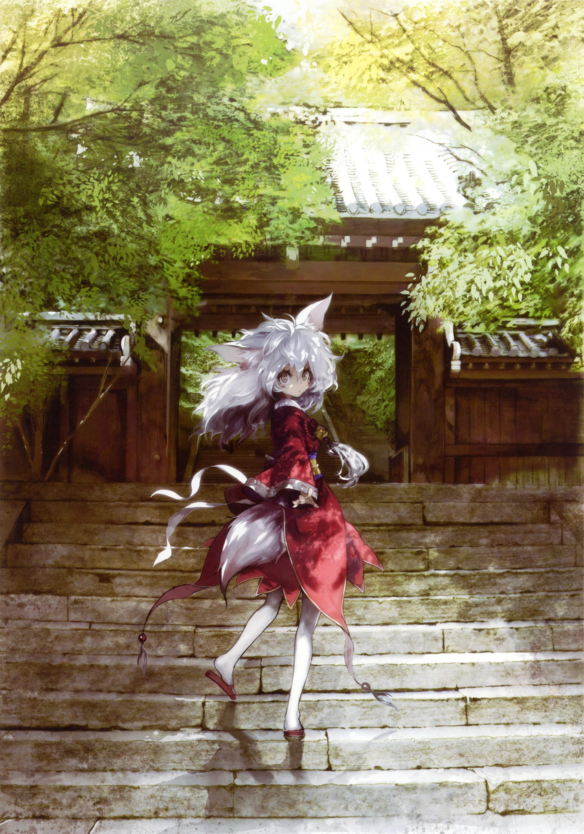 absurdres animal_ears banpai_akira facial_mark fox_ears fox_tail from_behind gate highres long_hair looking_at_viewer looking_back non-web_source original scan solo stairs tail white_hair